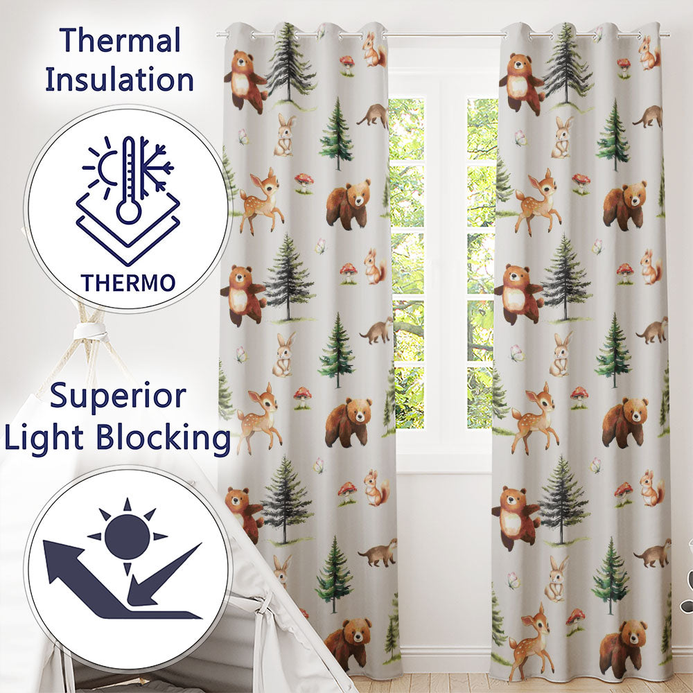 Woodland Forest Animals Bear Bunny Deer on Grey Background Readymade Eyelet Ring Top Thermal 100% Blackout Curtains