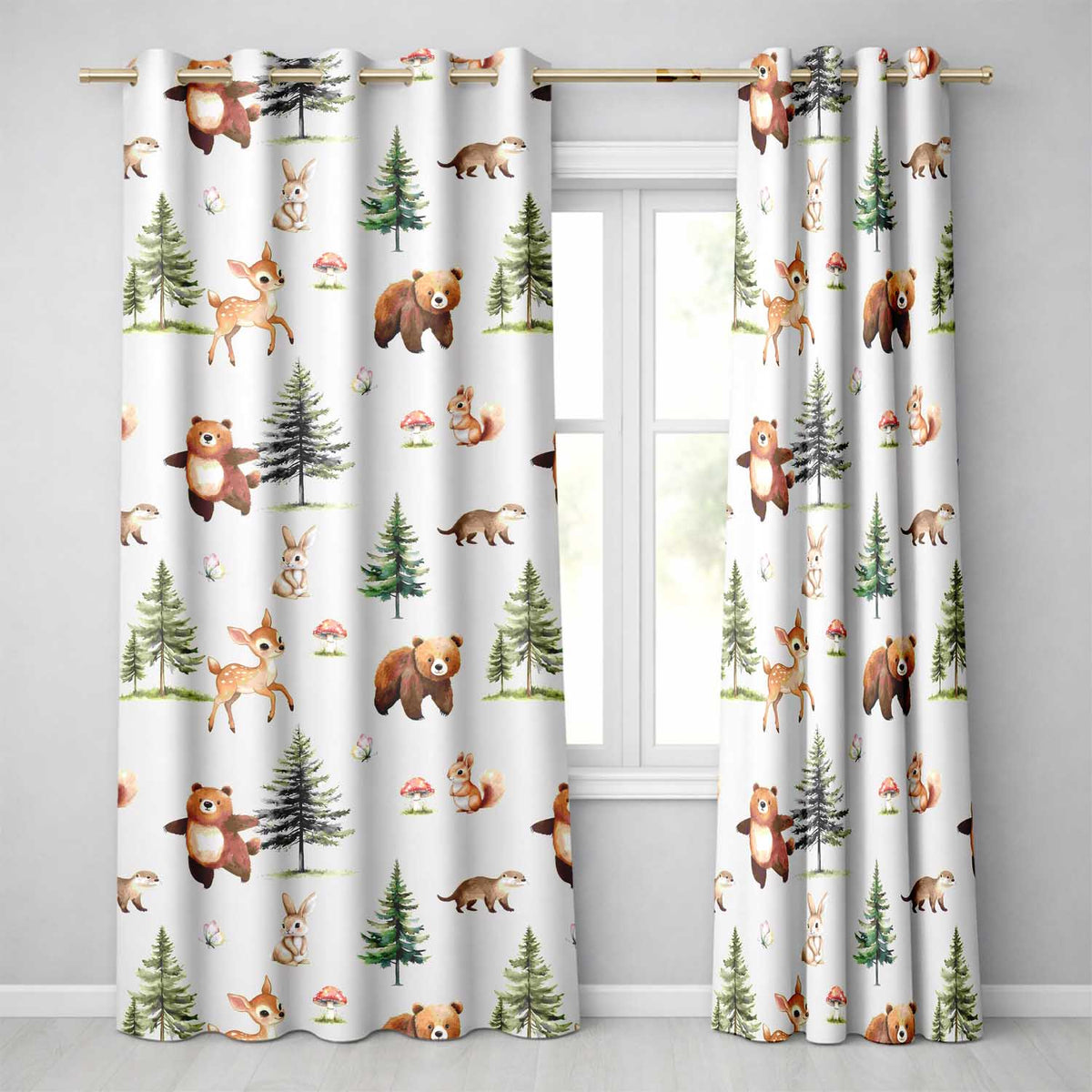 Woodland Forest Animals Bear Bunny Deer on Grey Background Readymade Eyelet Ring Top Thermal 100% Blackout Curtains