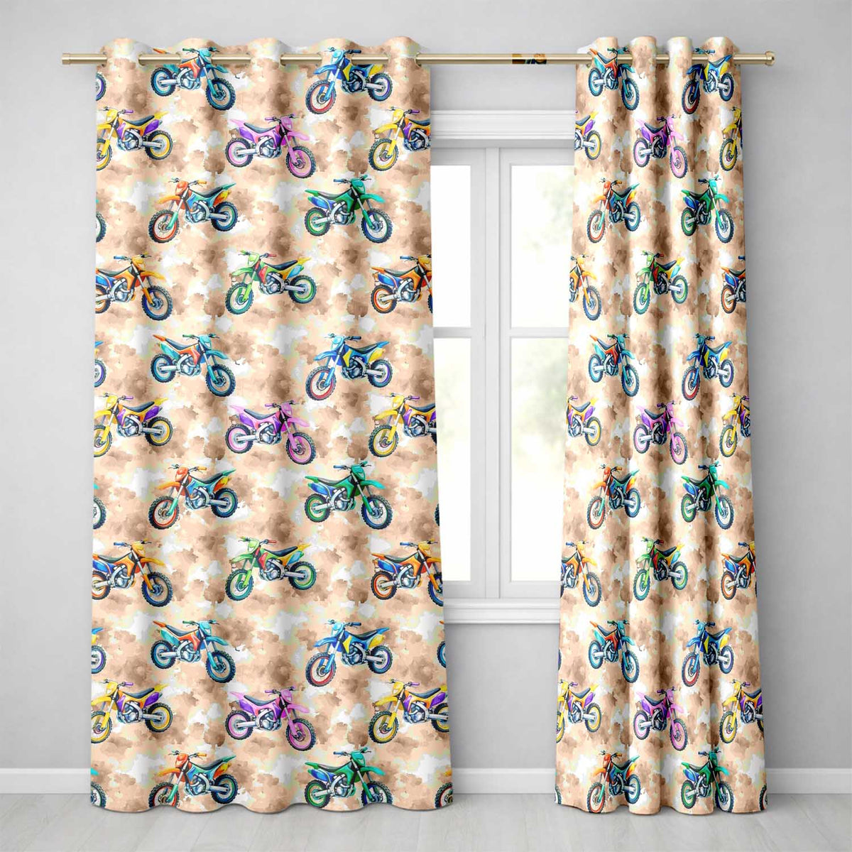 Colorful Kids Dirt Bike Motocross Seamless on Beige Background Readymade Eyelet Ring Top Thermal 100% Blackout Curtains