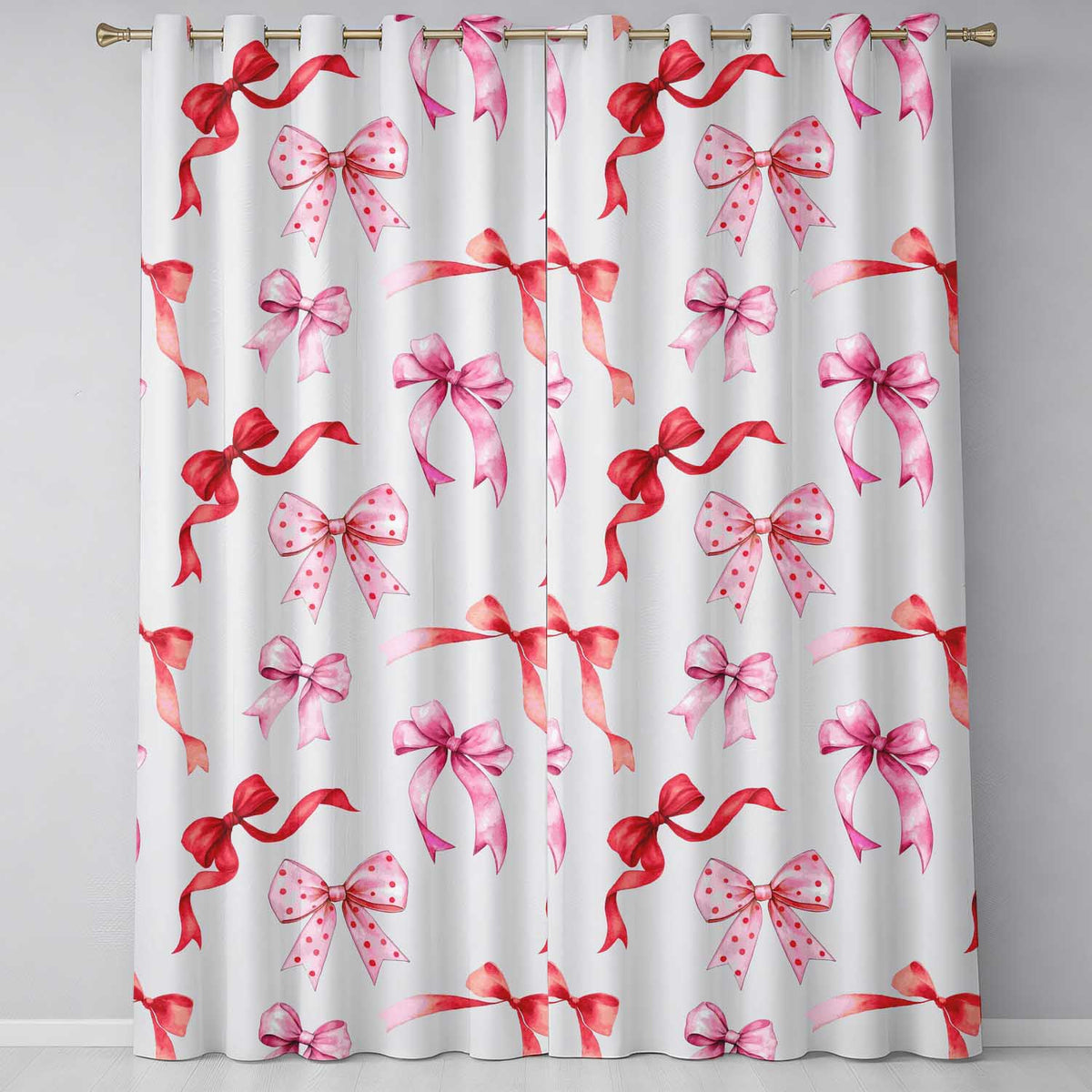 Watercolor Ribbon Bow Seamless on Grey Background Readymade Eyelet Ring Top Thermal 100% Blackout Curtains