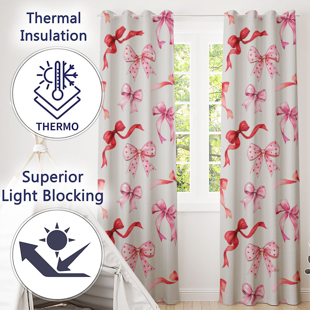 Watercolor Ribbon Bow Seamless on Grey Background Readymade Eyelet Ring Top Thermal 100% Blackout Curtains