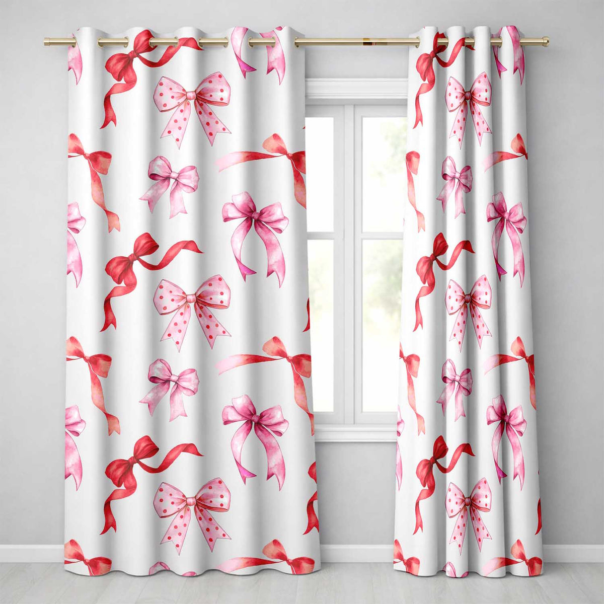 Watercolor Ribbon Bow Seamless on Grey Background Readymade Eyelet Ring Top Thermal 100% Blackout Curtains