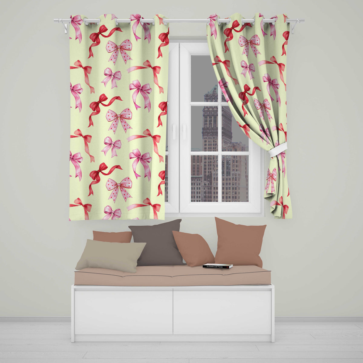 Watercolor Ribbon Bow Seamless on Cream Background Readymade Eyelet Ring Top Thermal 100% Blackout Curtains