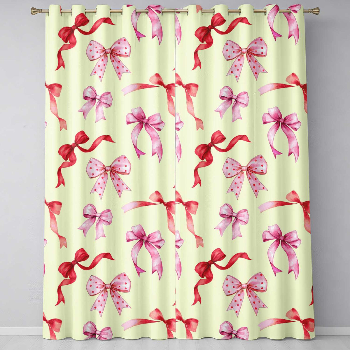 Watercolor Ribbon Bow Seamless on Cream Background Readymade Eyelet Ring Top Thermal 100% Blackout Curtains