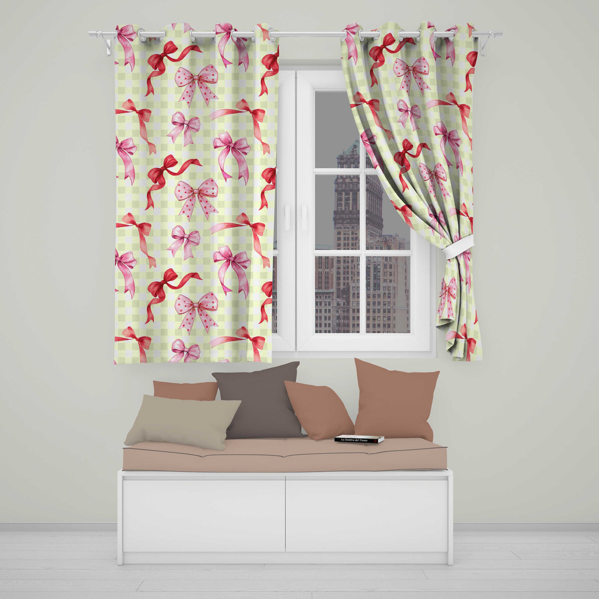 Watercolor Ribbon Bow Seamless on Yellow Gingham Background Readymade Eyelet Ring Top Thermal 100% Blackout Curtains