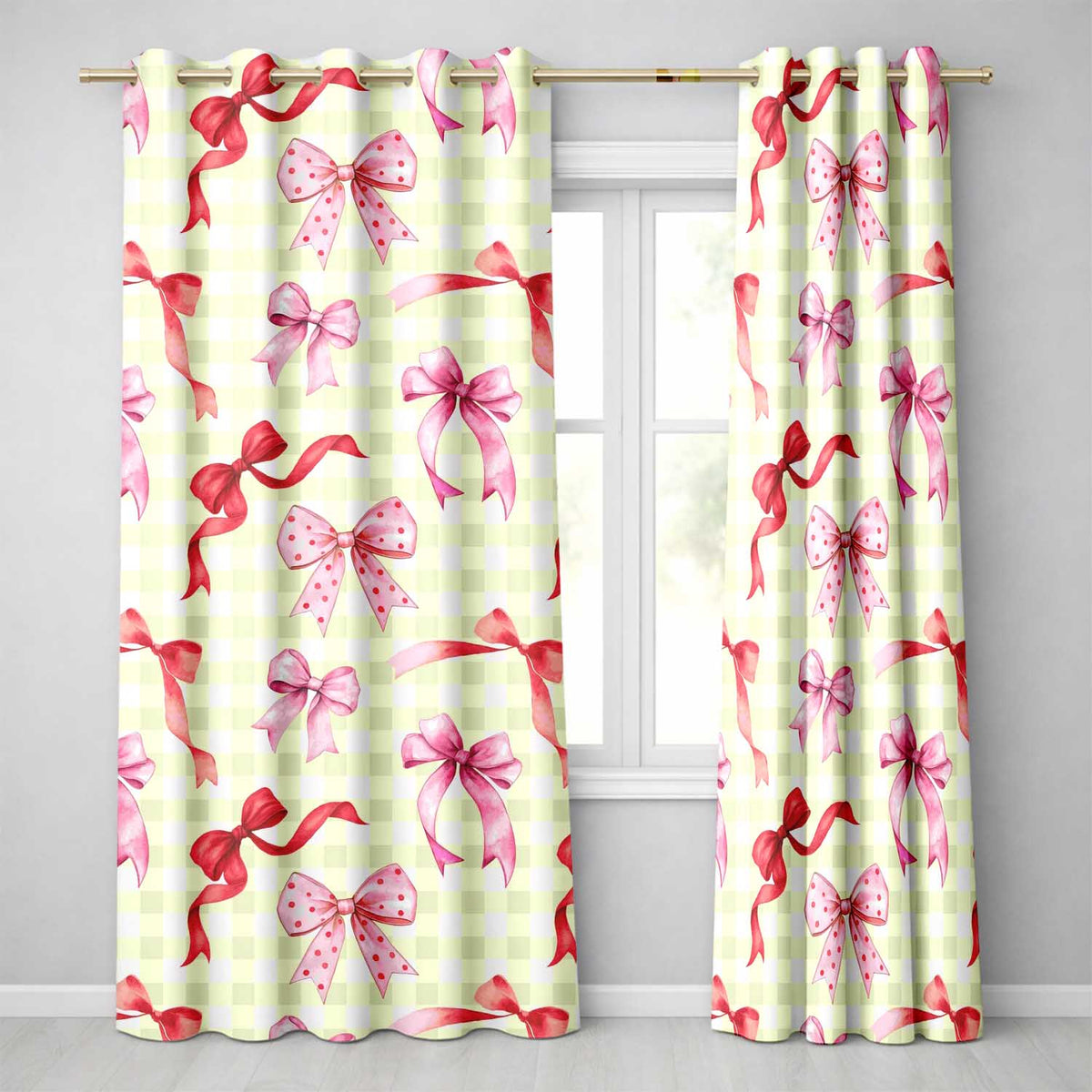 Watercolor Ribbon Bow Seamless on Yellow Gingham Background Readymade Eyelet Ring Top Thermal 100% Blackout Curtains