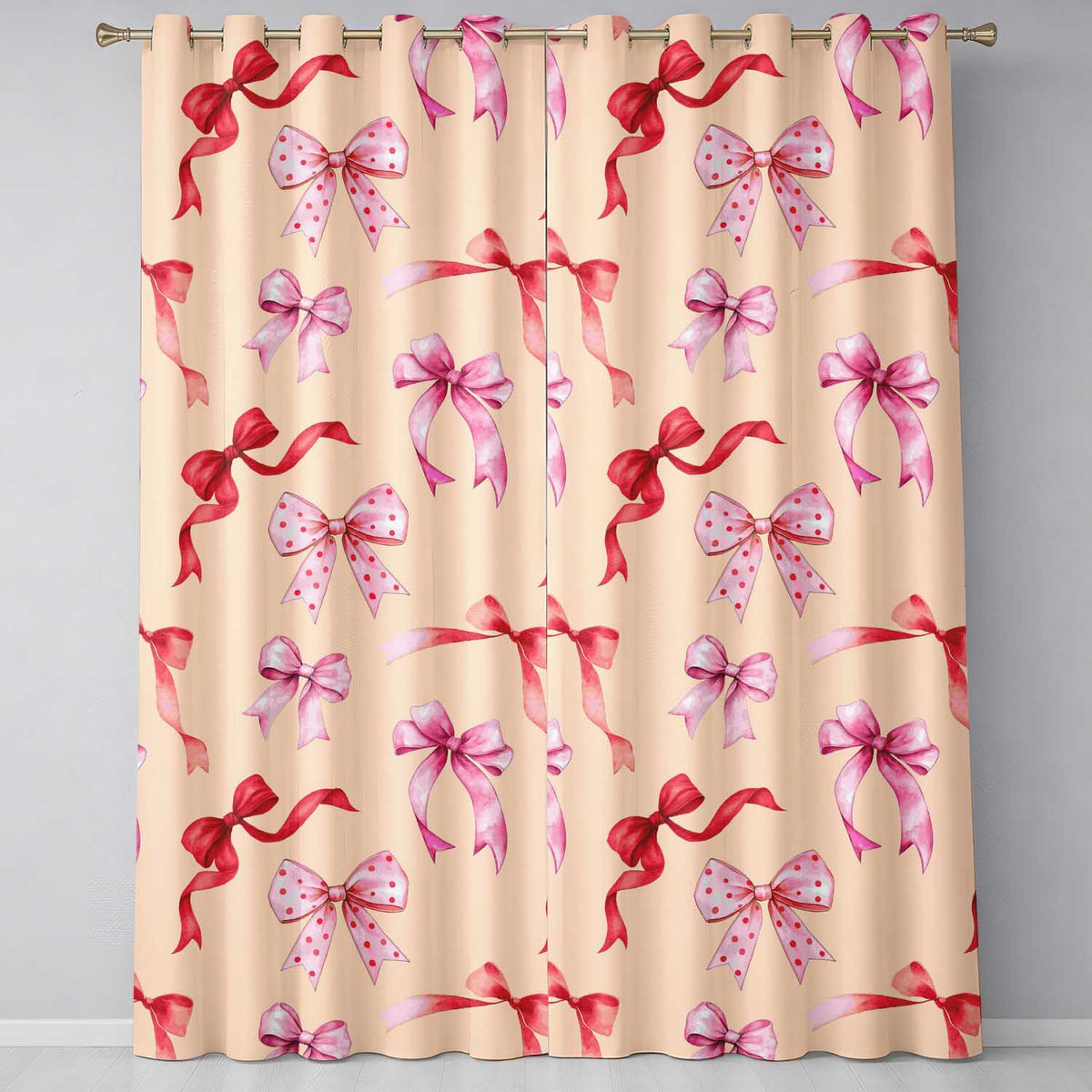 Watercolor Ribbon Bow Seamless on Beige Background Readymade Eyelet Ring Top Thermal 100% Blackout Curtains