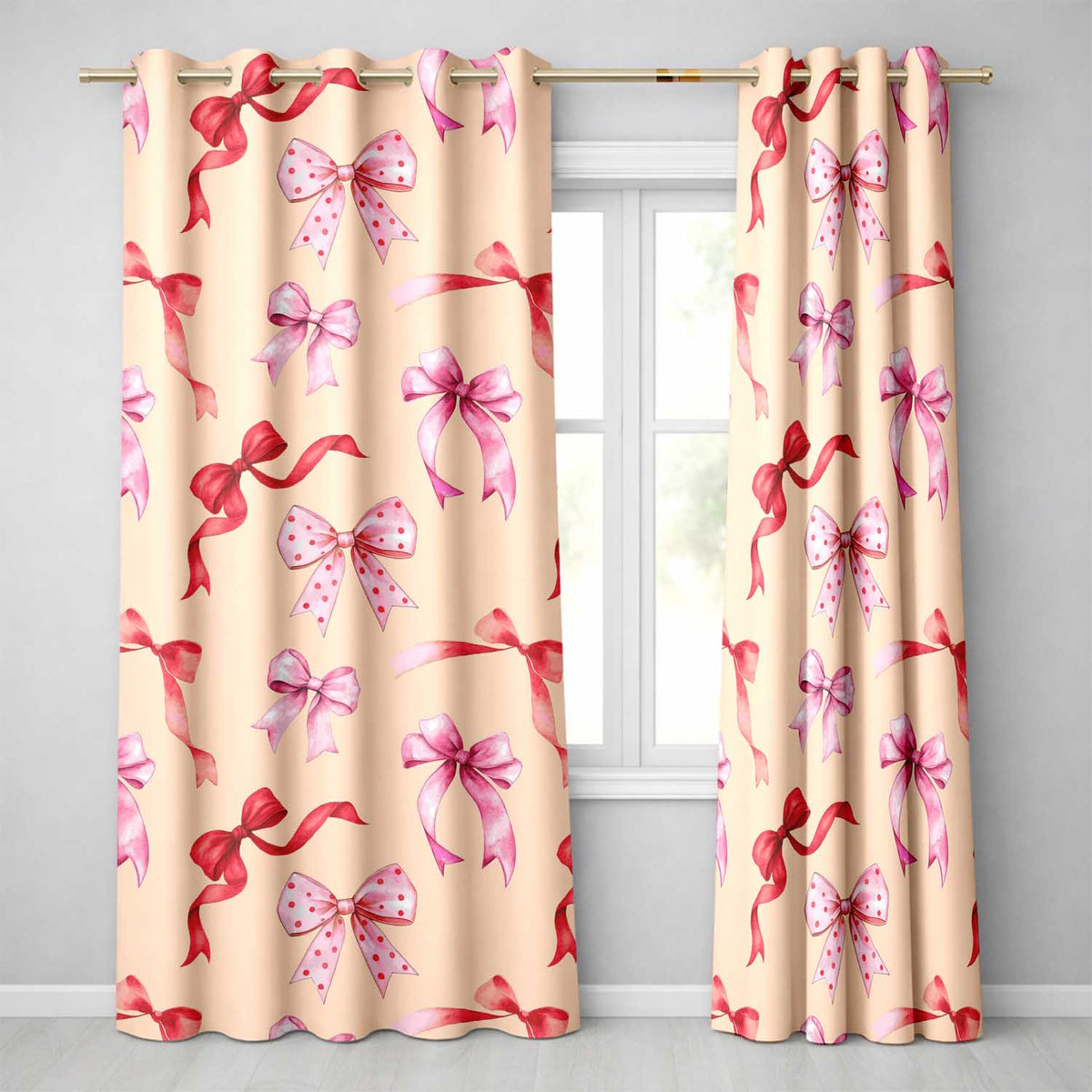 Watercolor Ribbon Bow Seamless on Beige Background Readymade Eyelet Ring Top Thermal 100% Blackout Curtains