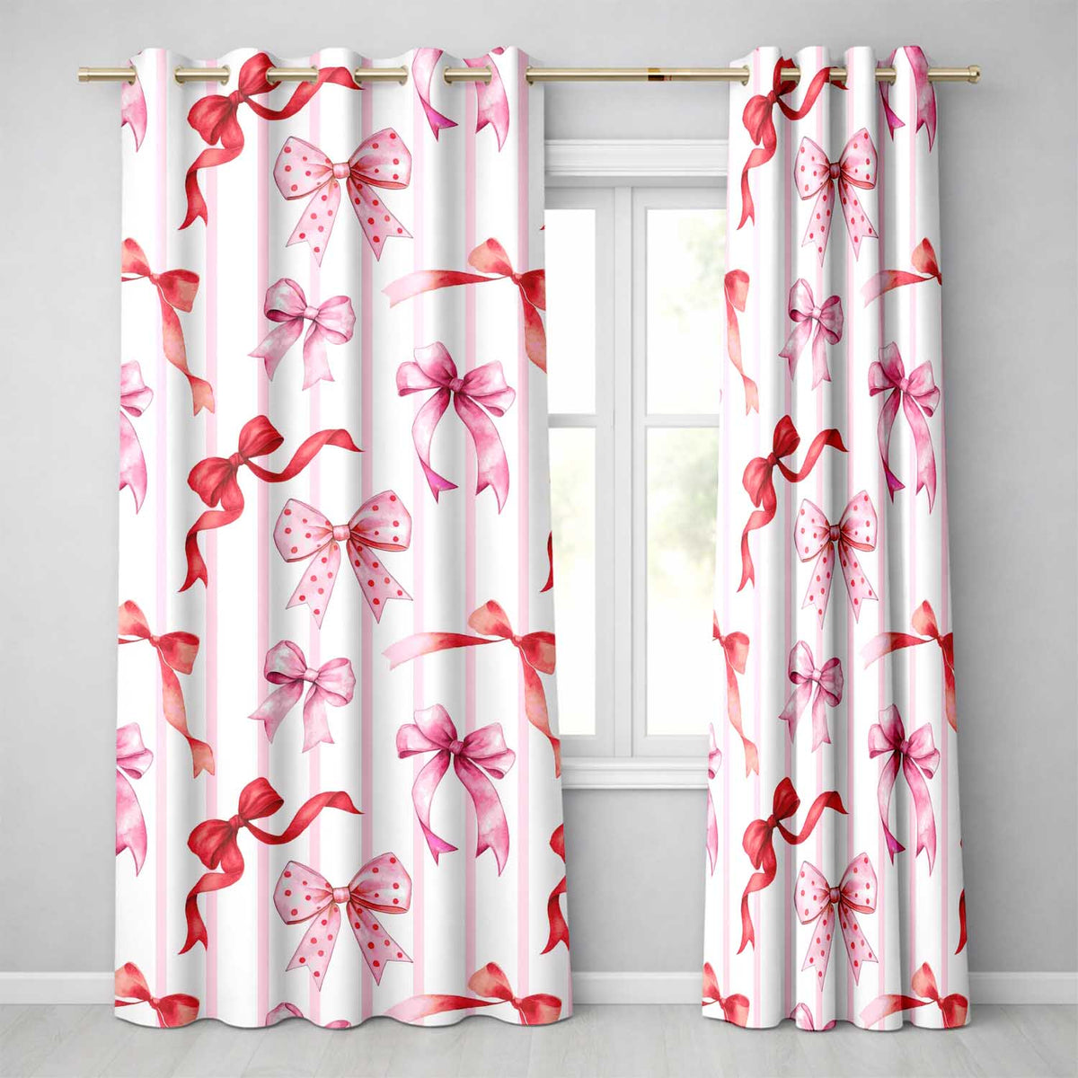 Watercolor Ribbon Bow Seamless on Pink Stripe Background Readymade Eyelet Ring Top Thermal 100% Blackout Curtains
