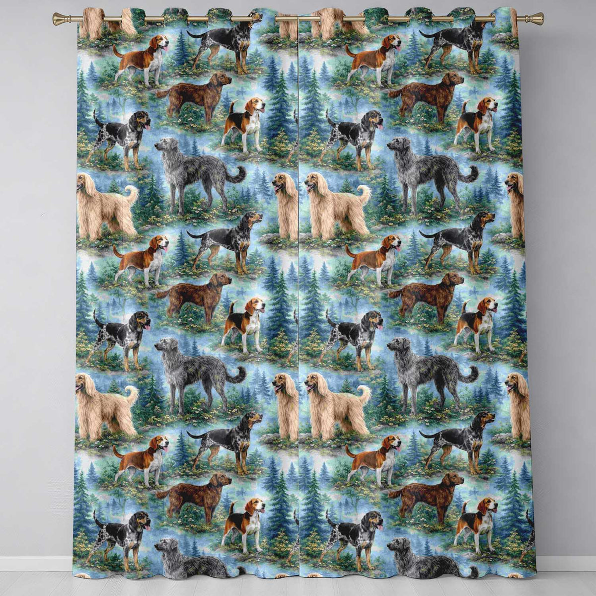 Watercolor Hunting Dogs Forest Nature Seamless Readymade Eyelet Ring Top Thermal 100% Blackout Curtains