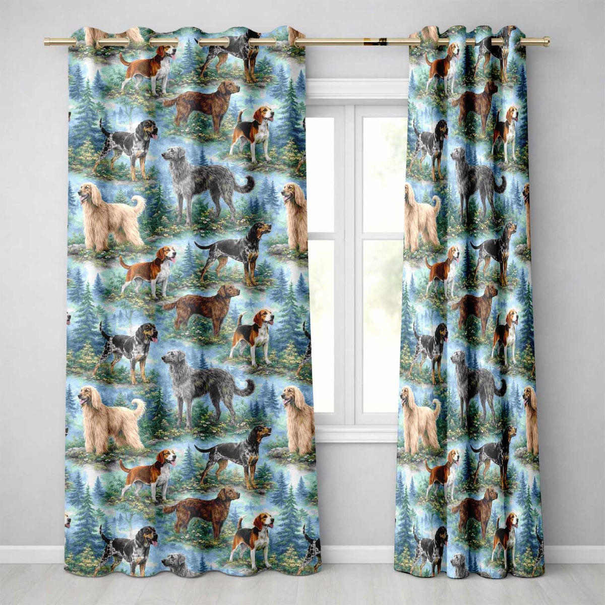 Watercolor Hunting Dogs Forest Nature Seamless Readymade Eyelet Ring Top Thermal 100% Blackout Curtains