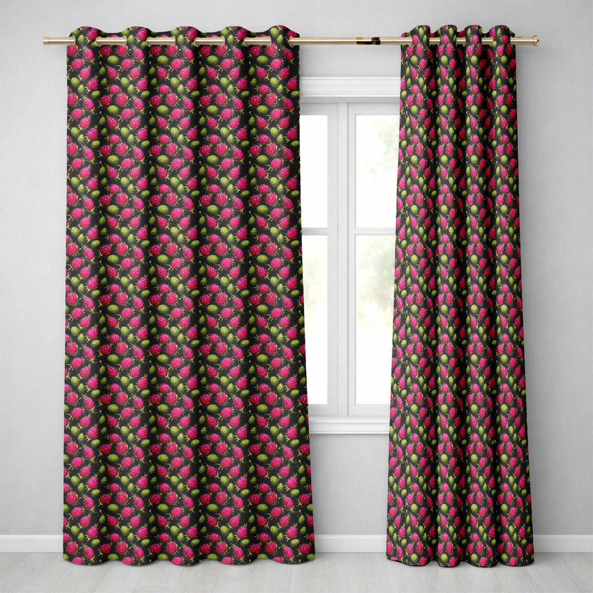 Dragon Fruit and Cactus Fruit on Black Background Readymade Eyelet Ring Top Thermal 100% Blackout Curtains