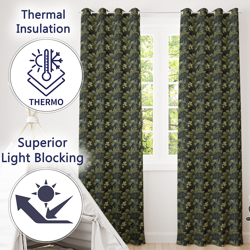 Small Pine Tree Repeat on Neutral Background Readymade Eyelet Ring Top Thermal 100% Blackout Curtains