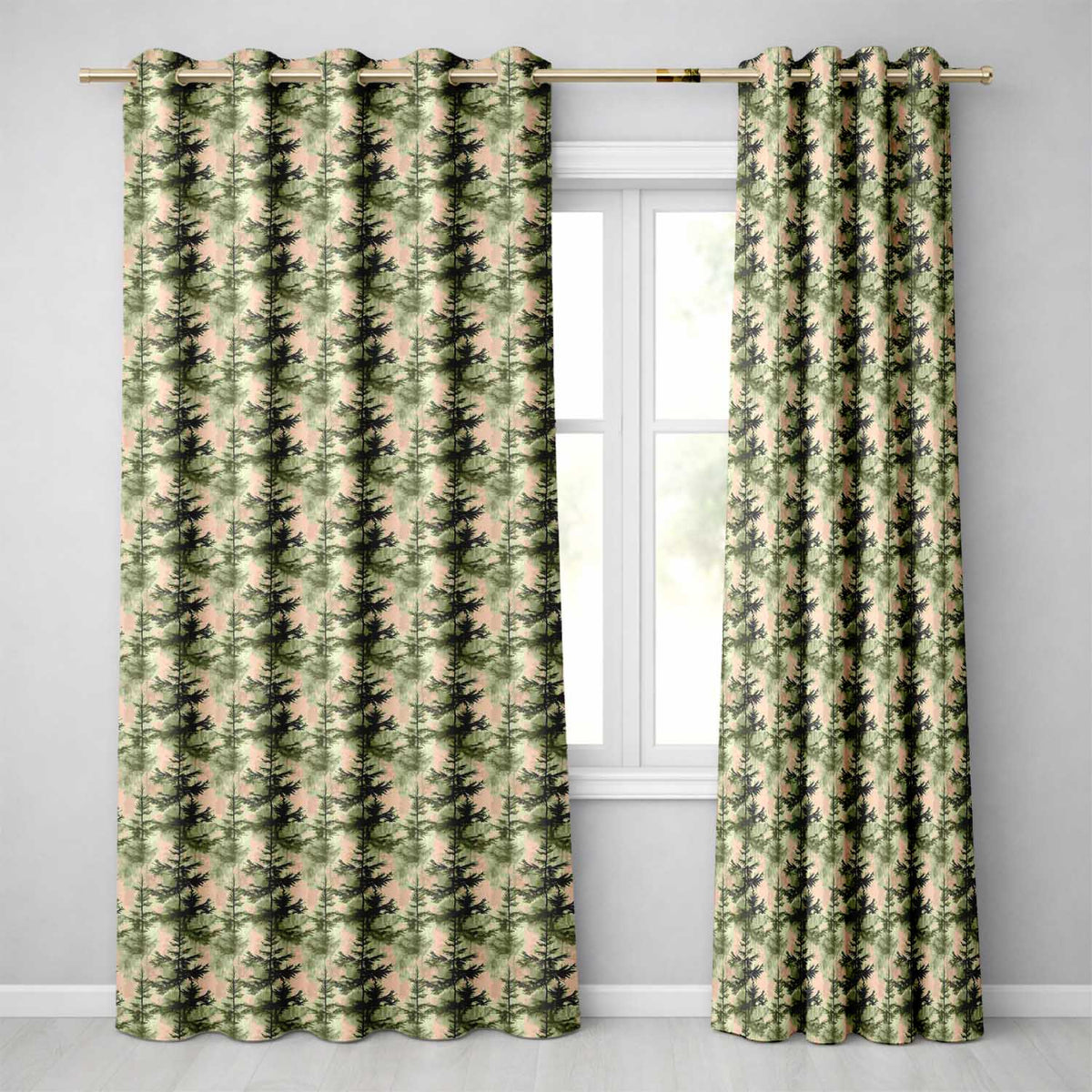 Watercolour Forest Pine Tree with Layered Green Tones and Abstract Texture Readymade Eyelet Ring Top Thermal 100% Blackout Curtains