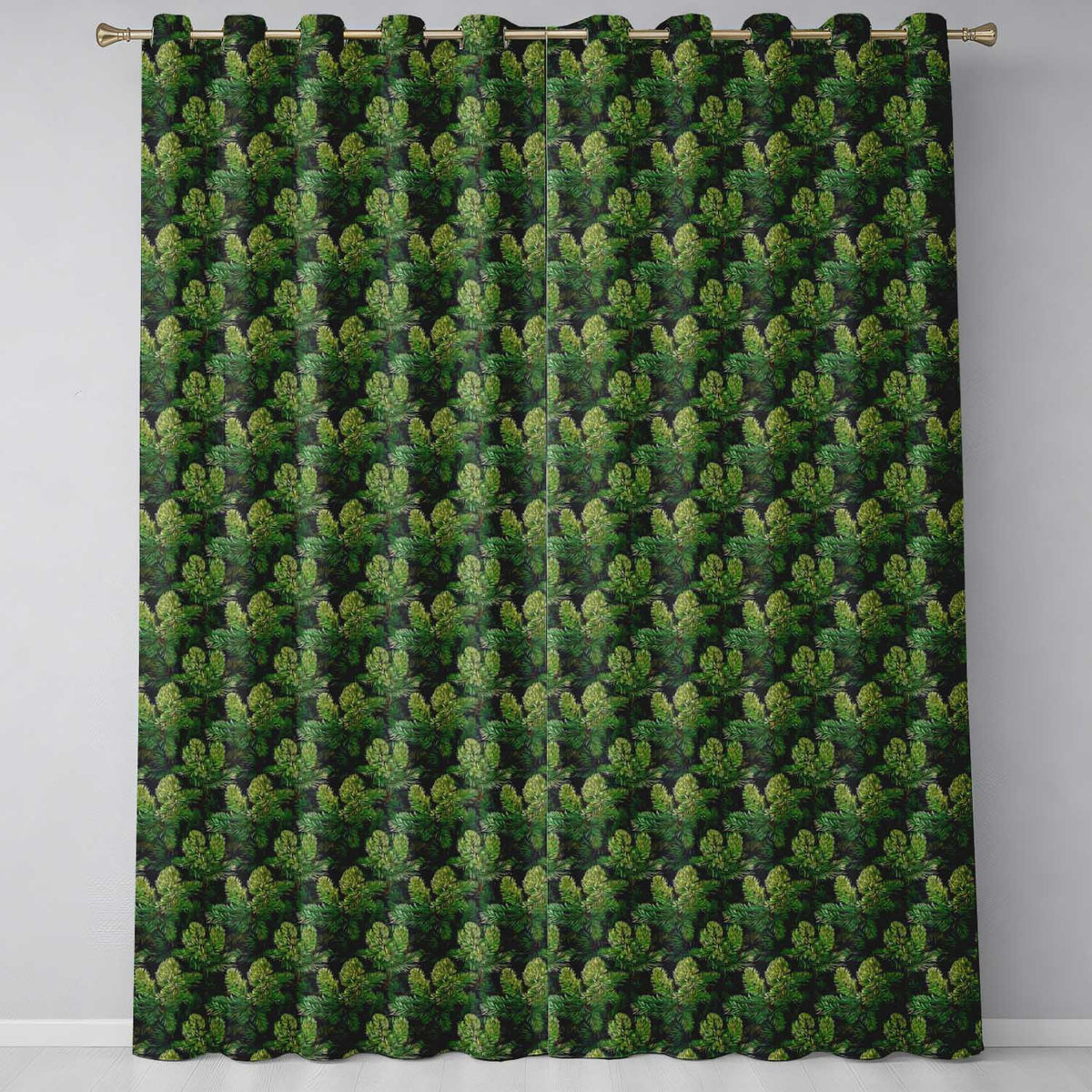 Lush Green Pine Needle with Detailed Evergreen Branches on Dark Background Readymade Eyelet Ring Top Thermal 100% Blackout Curtains
