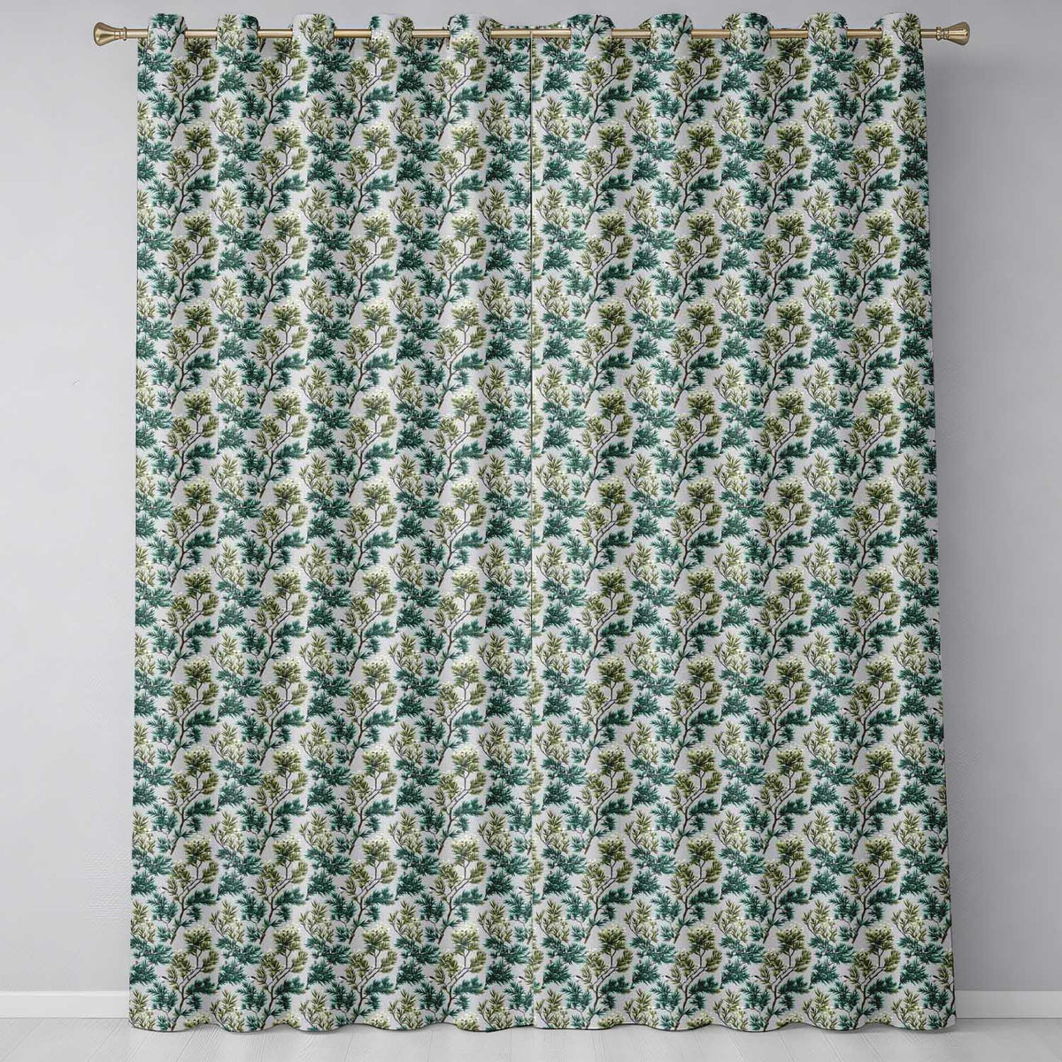 Botanical Pine Branch with White Blossoms and Birds on Soft Green Background Readymade Eyelet Ring Top Thermal 100% Blackout Curtains