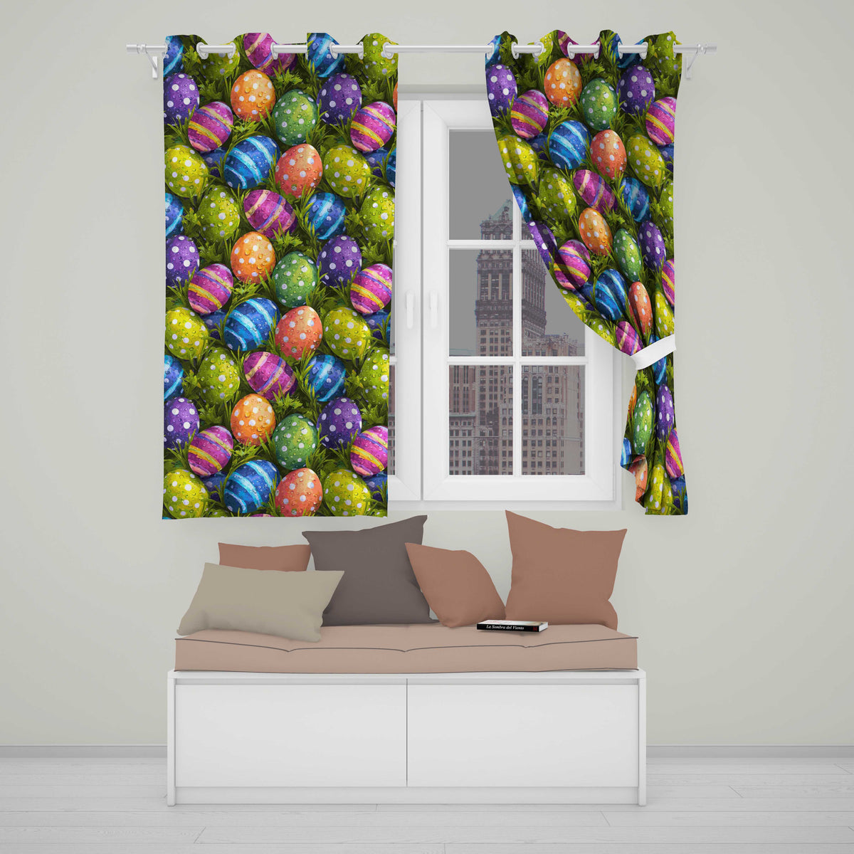 Colourful Easter Eggs with Polka Dots and Stripes on Fresh Grass Background Readymade Eyelet Ring Top Thermal 100% Blackout Curtains