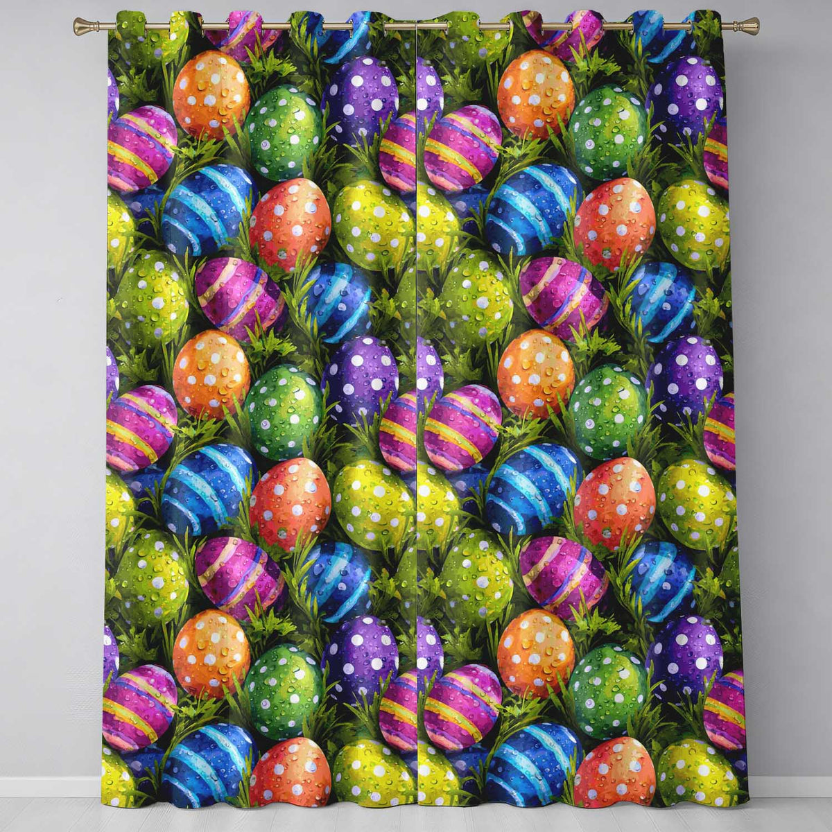 Colourful Easter Eggs with Polka Dots and Stripes on Fresh Grass Background Readymade Eyelet Ring Top Thermal 100% Blackout Curtains