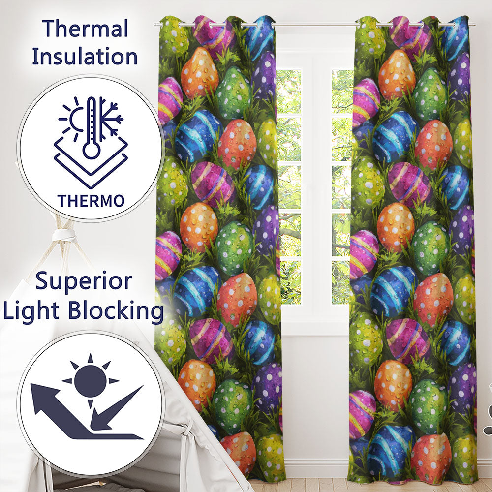 Colourful Easter Eggs with Polka Dots and Stripes on Fresh Grass Background Readymade Eyelet Ring Top Thermal 100% Blackout Curtains