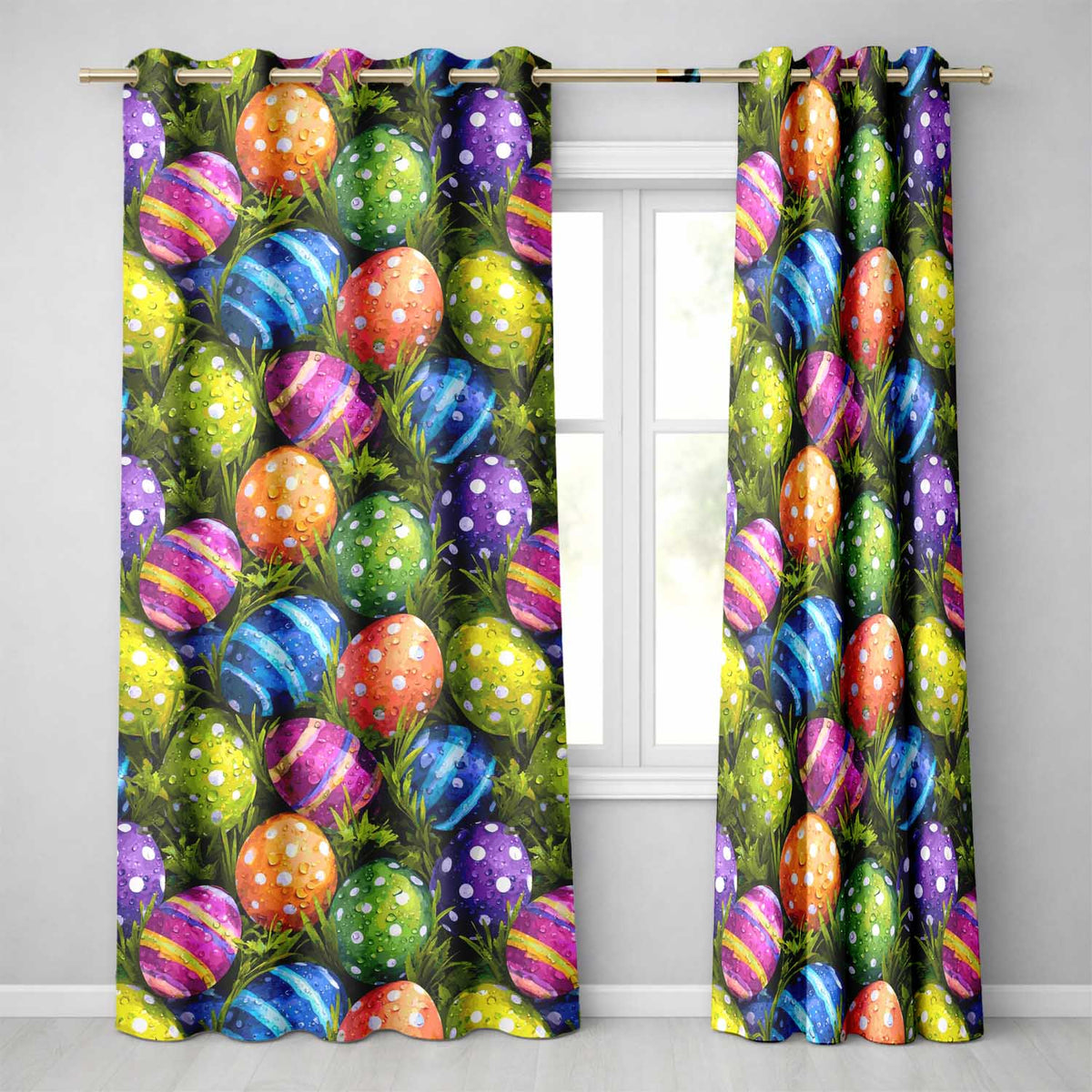 Colourful Easter Eggs with Polka Dots and Stripes on Fresh Grass Background Readymade Eyelet Ring Top Thermal 100% Blackout Curtains