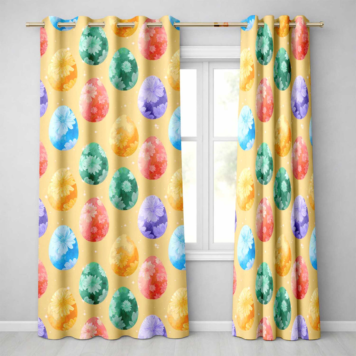 Pastel Easter Egg with Floral Designs on Soft Golden Background Readymade Eyelet Ring Top Thermal 100% Blackout Curtains