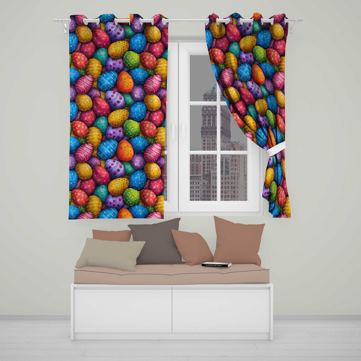 Hand Painted Easter Egg with Dots and Decorative Details Readymade Eyelet Ring Top Thermal 100% Blackout Curtains