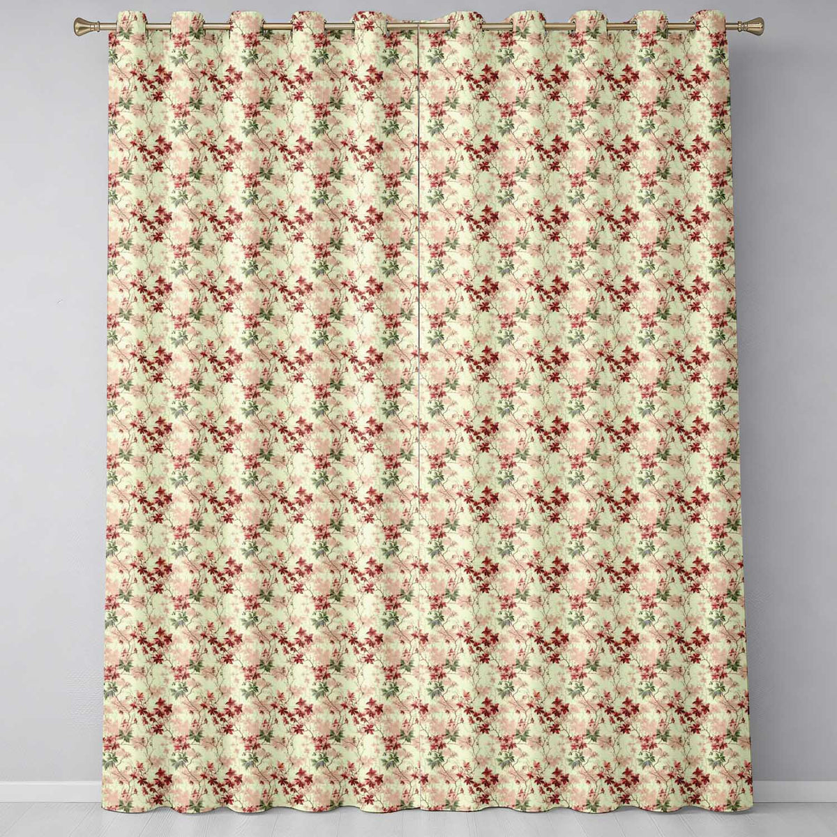 Vintage Floral Branch with Red Leaves on Neutral Background Readymade Eyelet Ring Top Thermal 100% Blackout Curtains