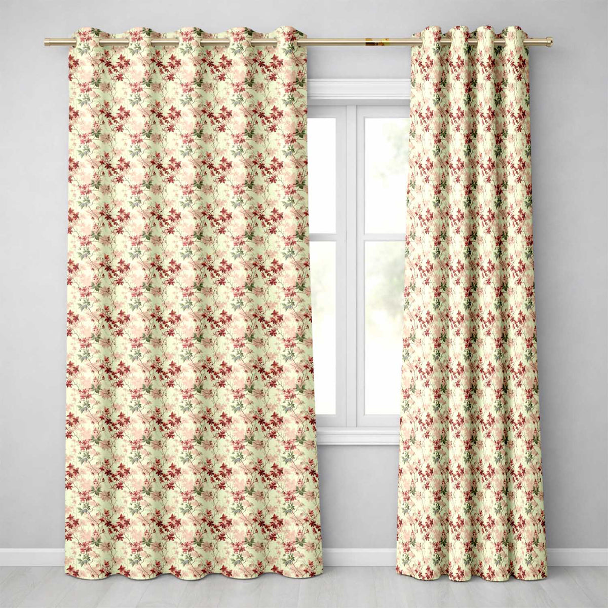 Vintage Floral Branch with Red Leaves on Neutral Background Readymade Eyelet Ring Top Thermal 100% Blackout Curtains