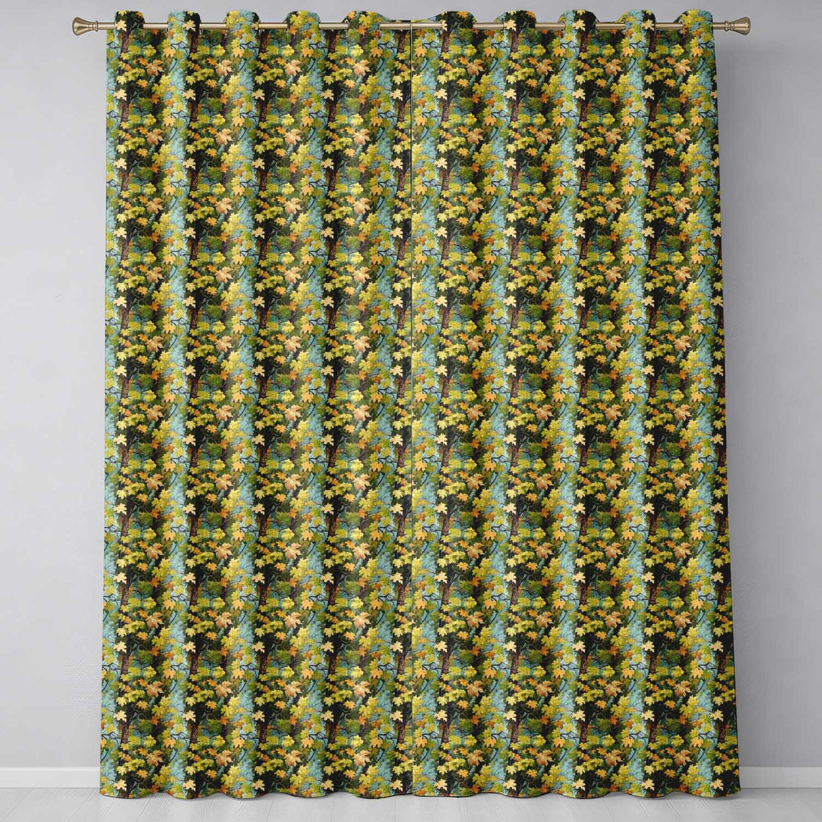 Autumn Tree Branch with Green and Yellow Leaves on Blue Background Readymade Eyelet Ring Top Thermal 100% Blackout Curtains