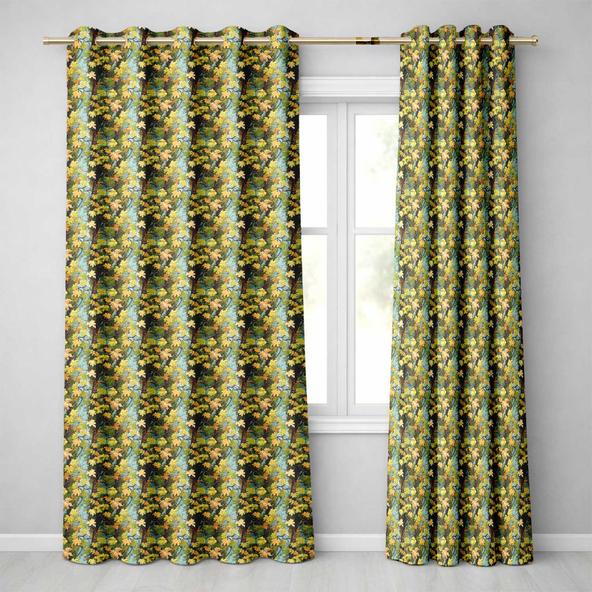 Autumn Tree Branch with Green and Yellow Leaves on Blue Background Readymade Eyelet Ring Top Thermal 100% Blackout Curtains