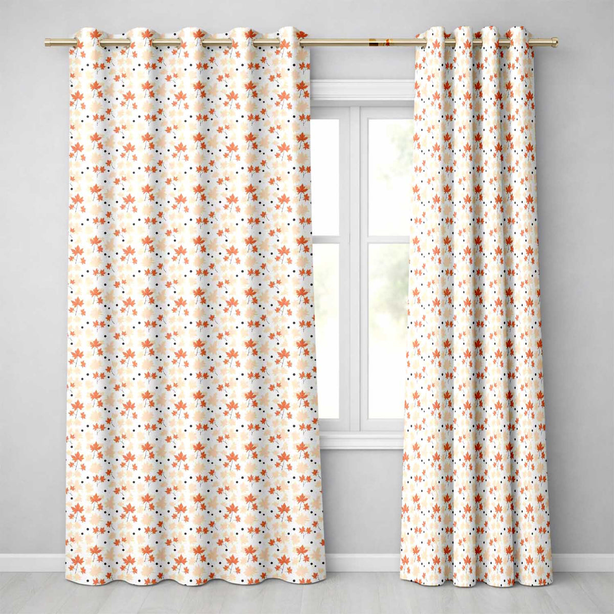 Minimal Orange Maple Leaves with Scattered Black Dots on Neutral Background Readymade Eyelet Ring Top Thermal 100% Blackout Curtains