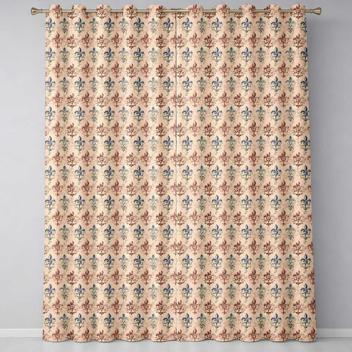 Distressed Red and Blue Fleur de Lis Vintage on Aged Cream Background Readymade Eyelet Ring Top Thermal 100% Blackout Curtains