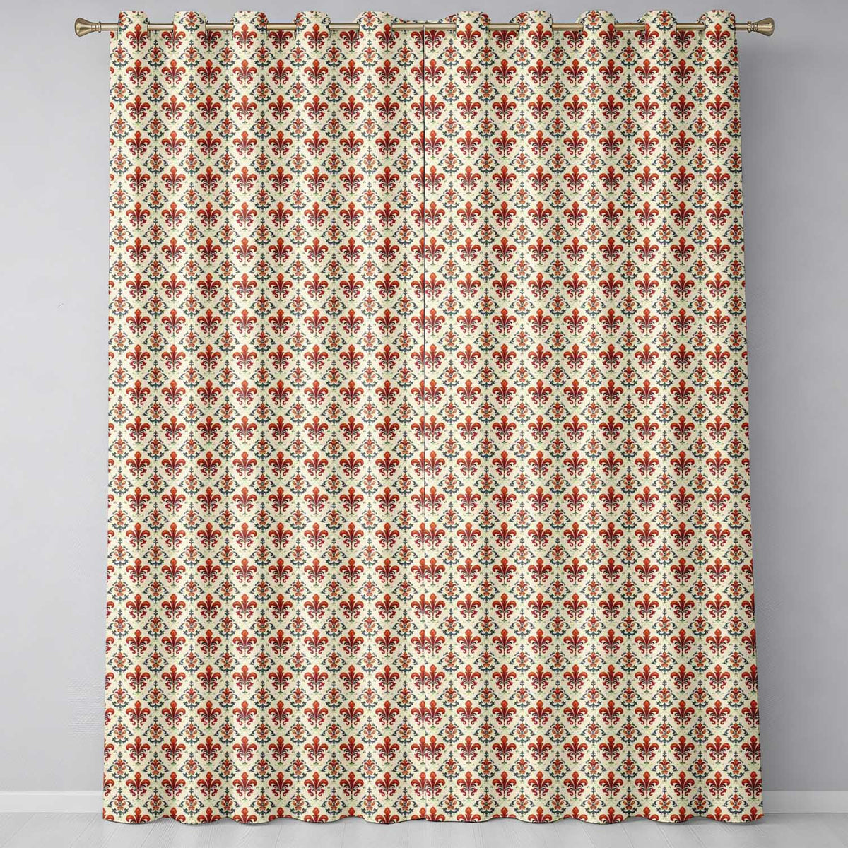 Classic Red Fleur de Lis with Decorative Floral Motif on Neutral Background Readymade Eyelet Ring Top Thermal 100% Blackout Curtains