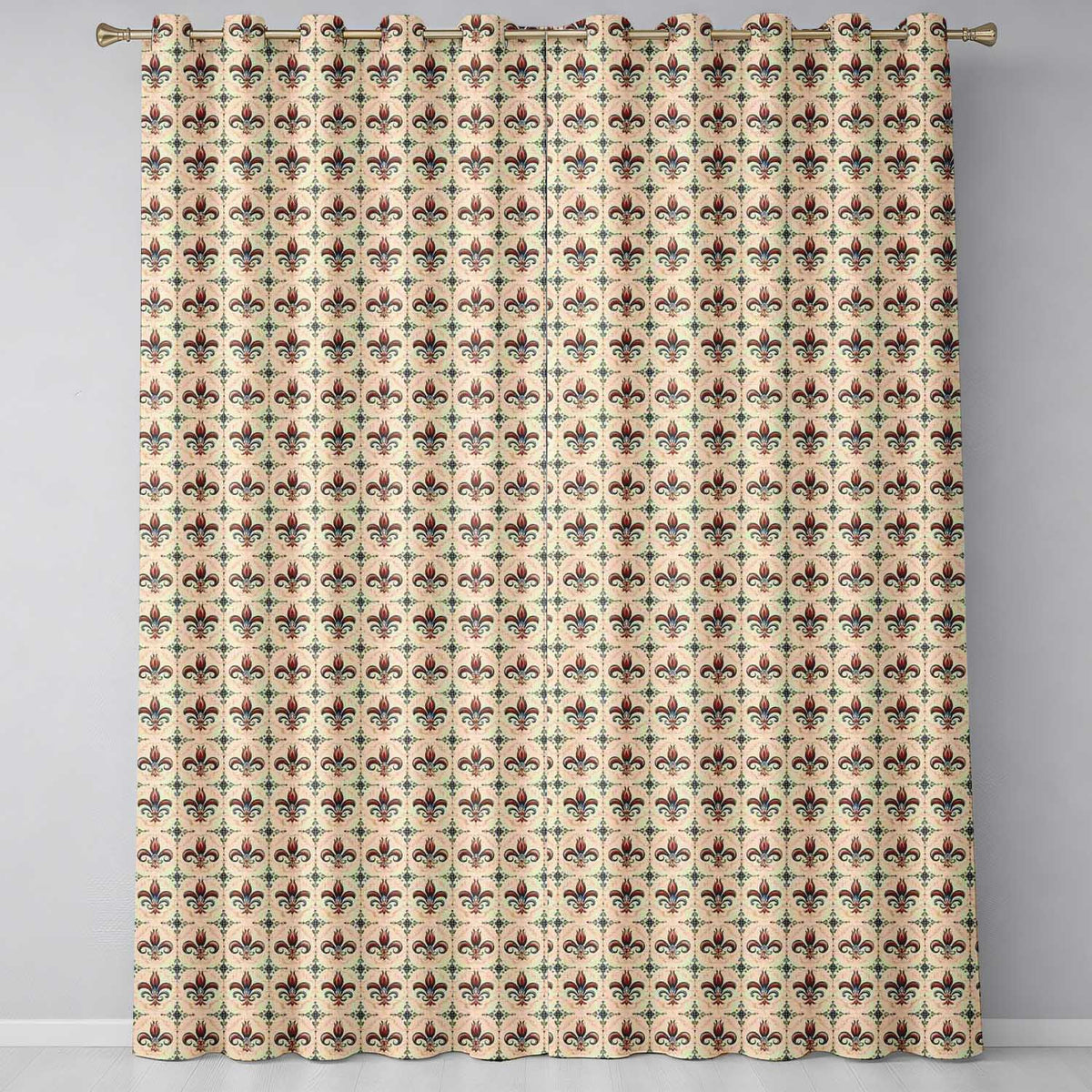 Ornate Red and Blue Fleur de Lis Tile with Decorative Elements Readymade Eyelet Ring Top Thermal 100% Blackout Curtains