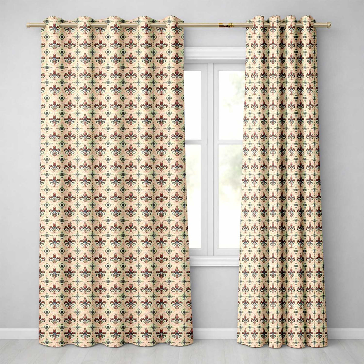 Ornate Red and Blue Fleur de Lis Tile with Decorative Elements Readymade Eyelet Ring Top Thermal 100% Blackout Curtains