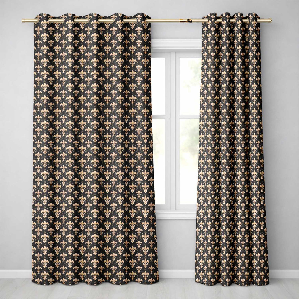 Elegant Gold Fleur de Lis on Black Background Classic Design Readymade Eyelet Ring Top Thermal 100% Blackout Curtains