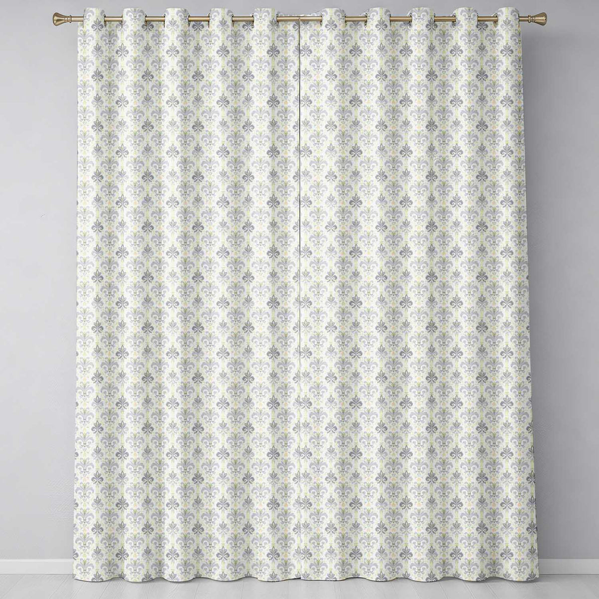 Soft Pastel Green and Lavender Fleur de Lis Ornamental Readymade Eyelet Ring Top Thermal 100% Blackout Curtains