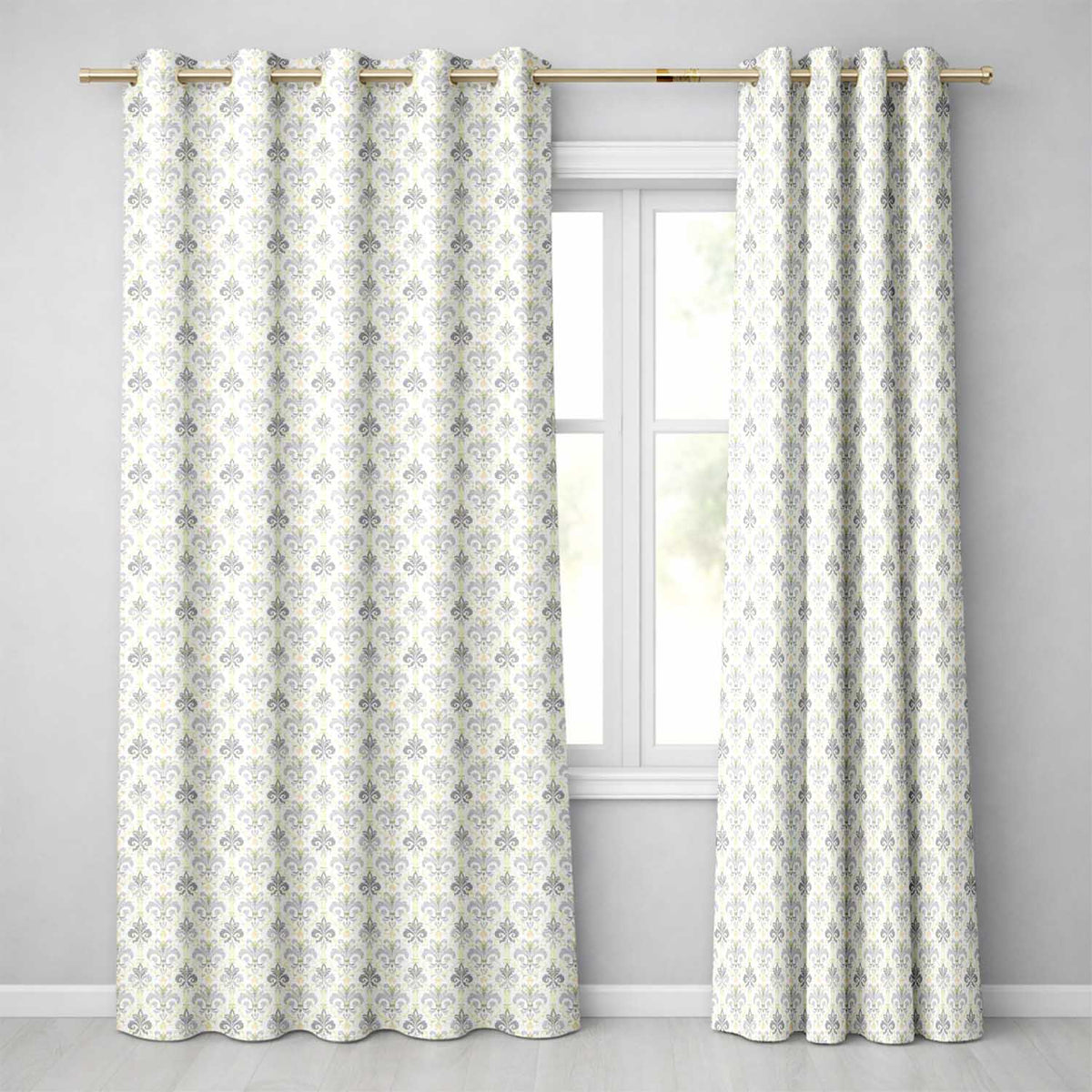 Soft Pastel Green and Lavender Fleur de Lis Ornamental Readymade Eyelet Ring Top Thermal 100% Blackout Curtains