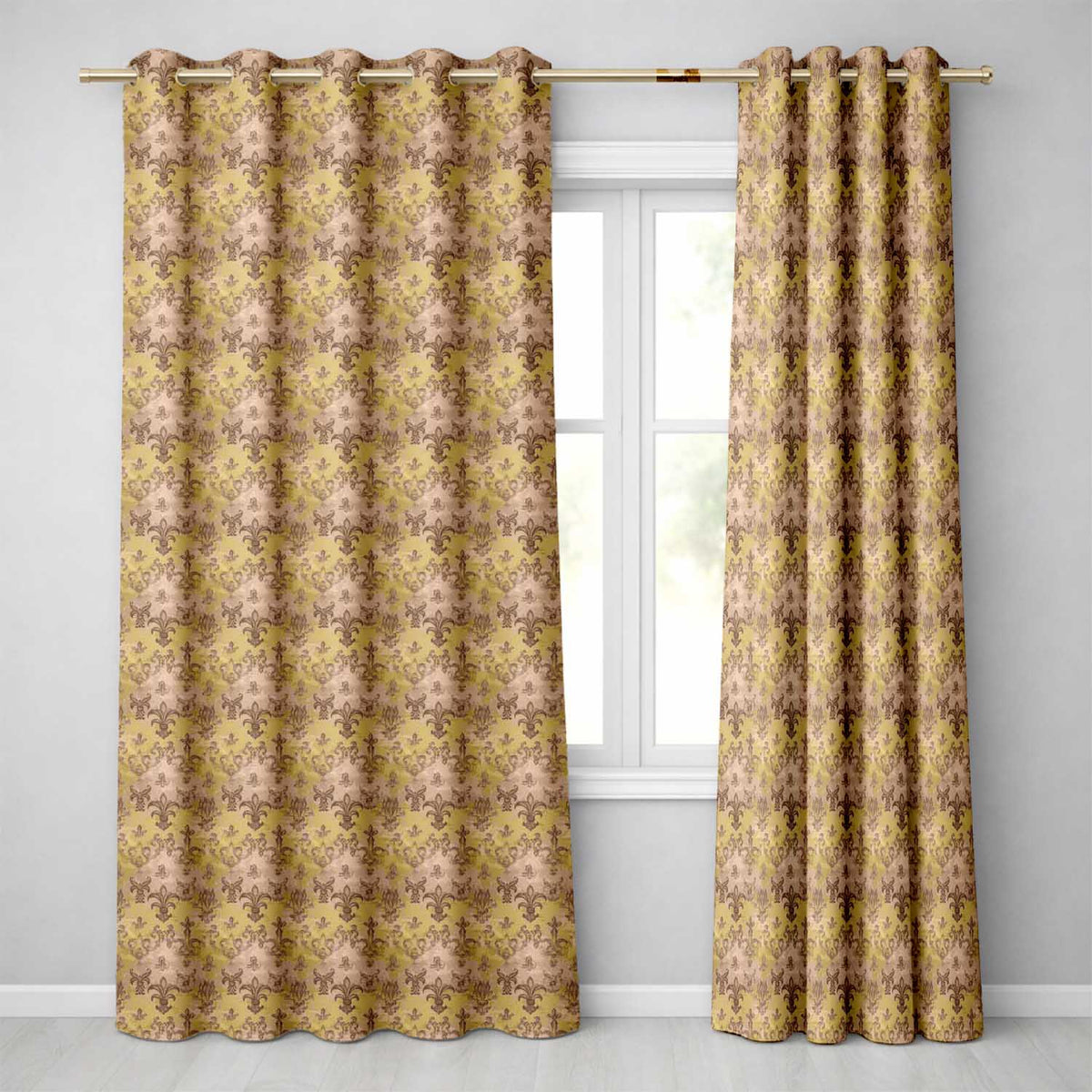 Vintage Brown Fleur de Lis Scrollwork on Antique Background Readymade Eyelet Ring Top Thermal 100% Blackout Curtains