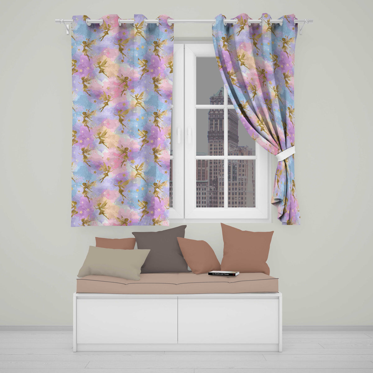 Magical Gold Fairy Silhouettes with Stars on Watercolor Sky Background Readymade Eyelet Ring Top Thermal 100% Blackout Curtains
