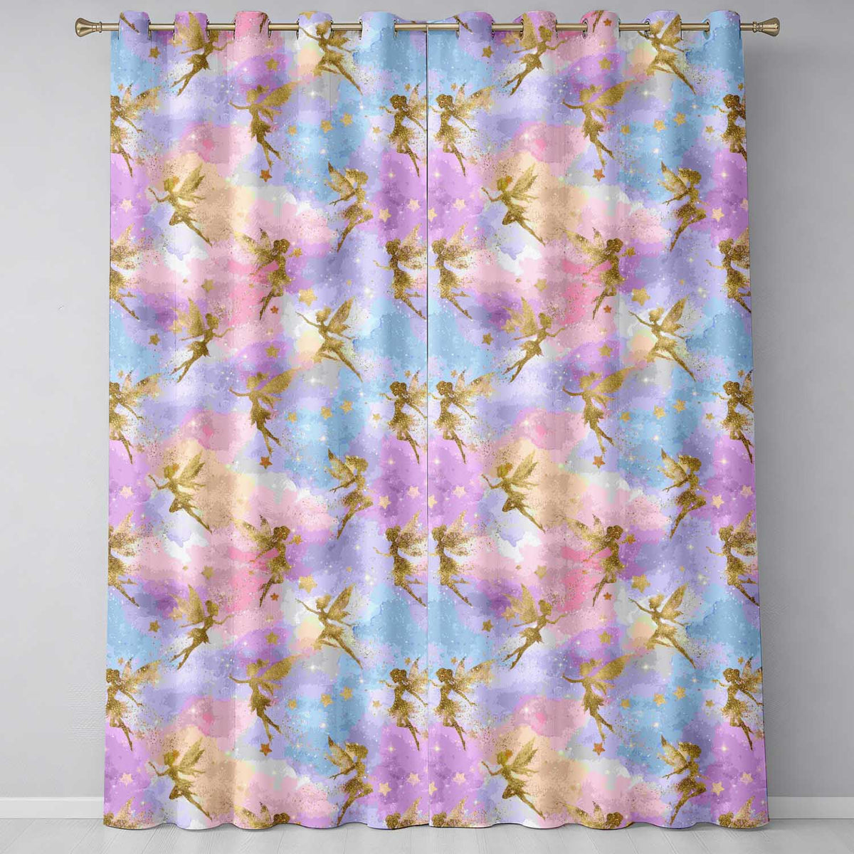 Magical Gold Fairy Silhouettes with Stars on Watercolor Sky Background Readymade Eyelet Ring Top Thermal 100% Blackout Curtains
