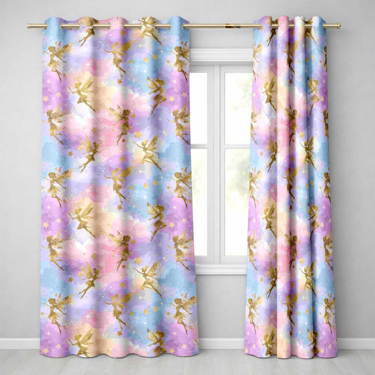Magical Gold Fairy Silhouettes with Stars on Watercolor Sky Background Readymade Eyelet Ring Top Thermal 100% Blackout Curtains