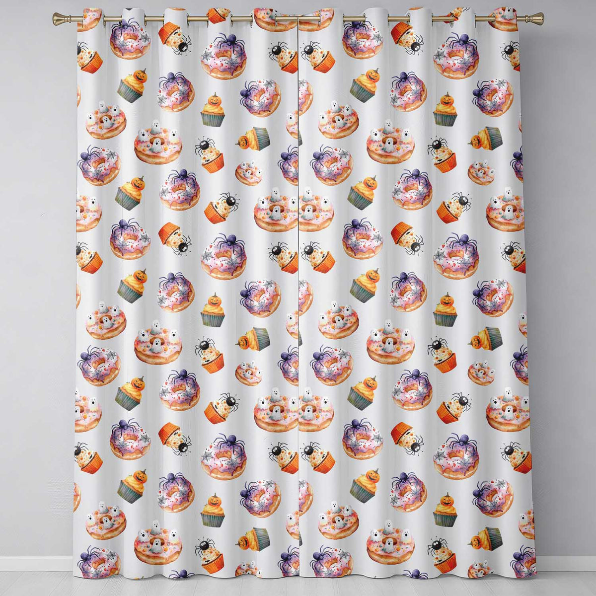 Halloween Donuts Cupcakes and Spiders Seamless on Grey Background Readymade Eyelet Ring Top Thermal 100% Blackout Curtains