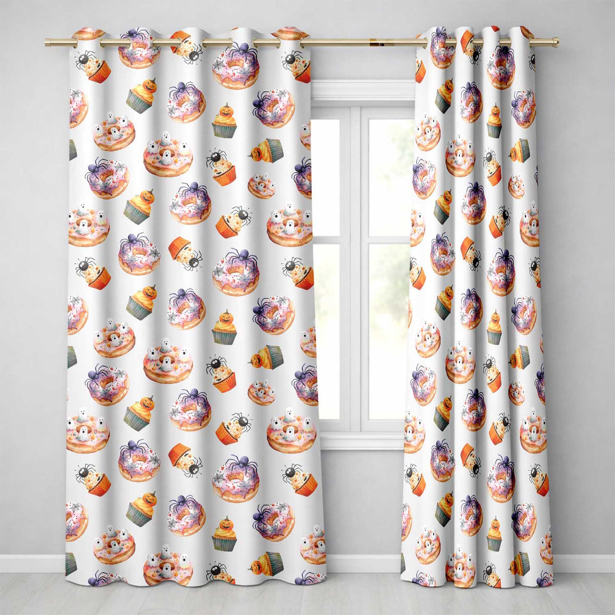 Halloween Donuts Cupcakes and Spiders Seamless on Grey Background Readymade Eyelet Ring Top Thermal 100% Blackout Curtains
