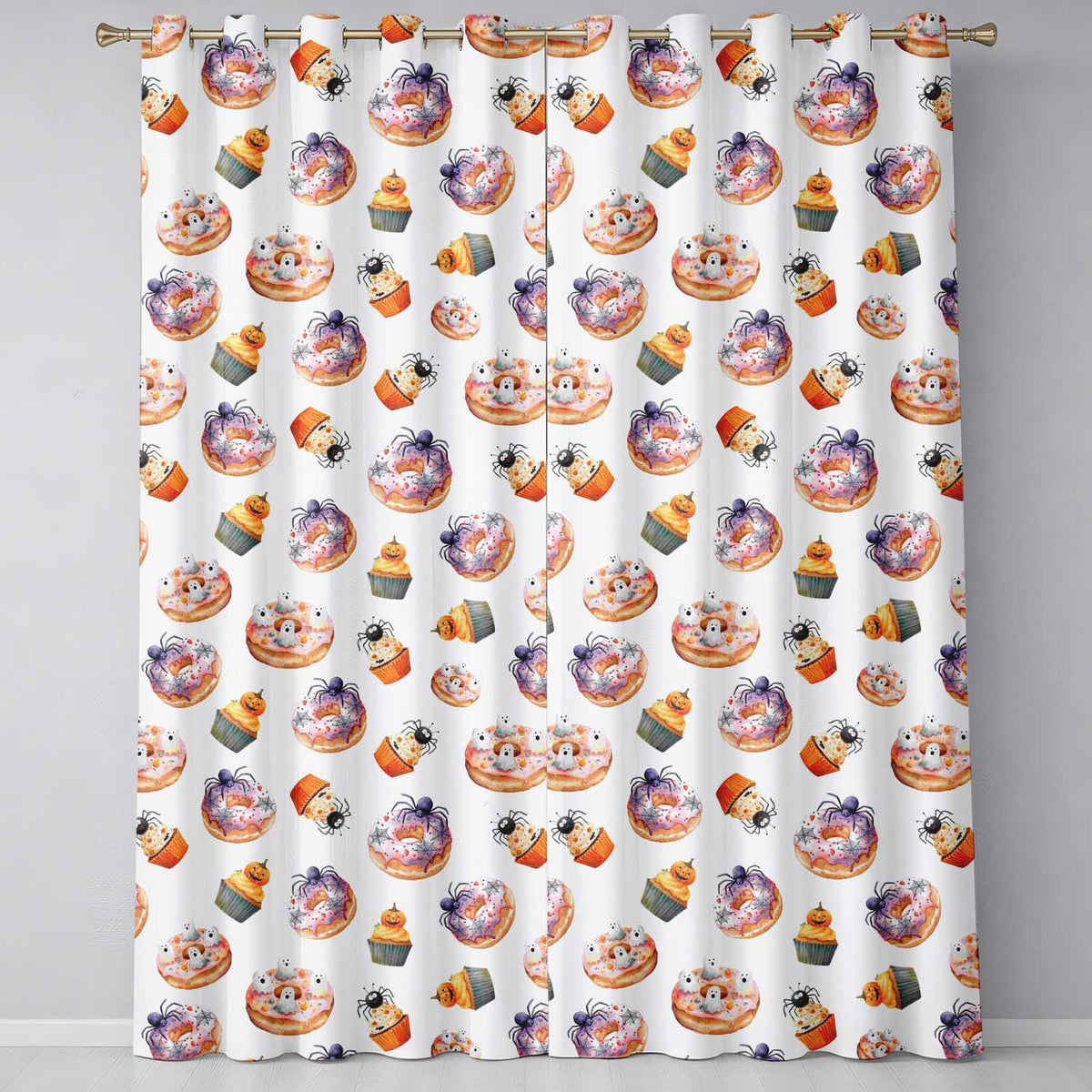 Halloween Donuts Cupcakes and Spiders on Neutral Grey Background Readymade Eyelet Ring Top Thermal 100% Blackout Curtains