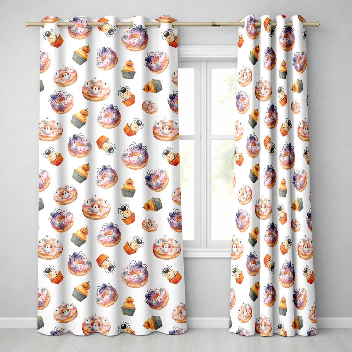 Halloween Donuts Cupcakes and Spiders on Neutral Grey Background Readymade Eyelet Ring Top Thermal 100% Blackout Curtains