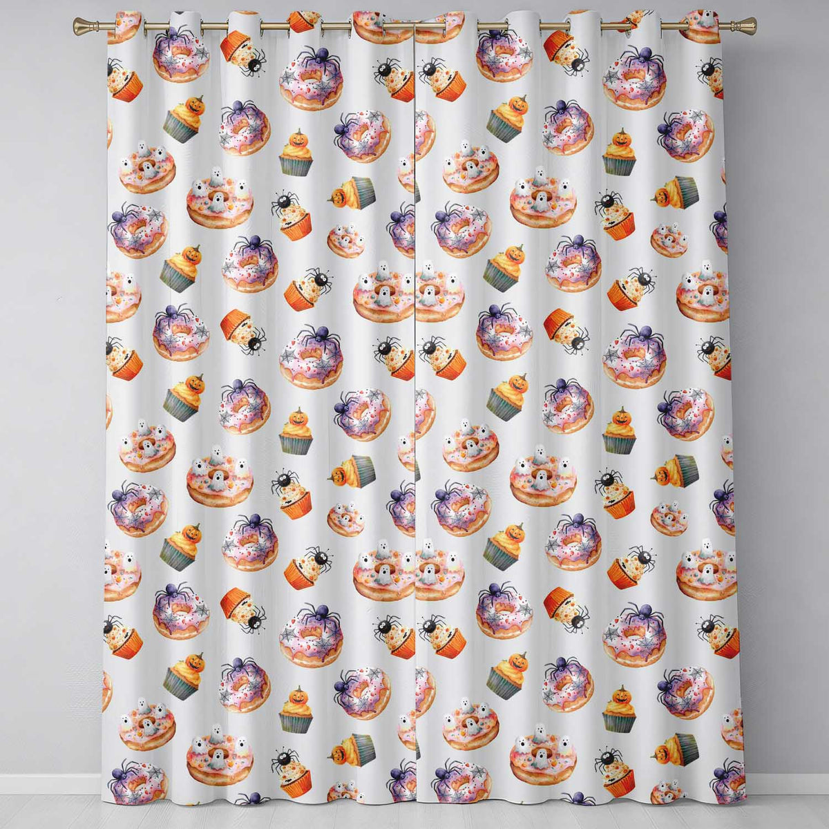 Halloween Donuts Cupcakes Spiders and Ghosts Light Background Readymade Eyelet Ring Top Thermal 100% Blackout Curtains