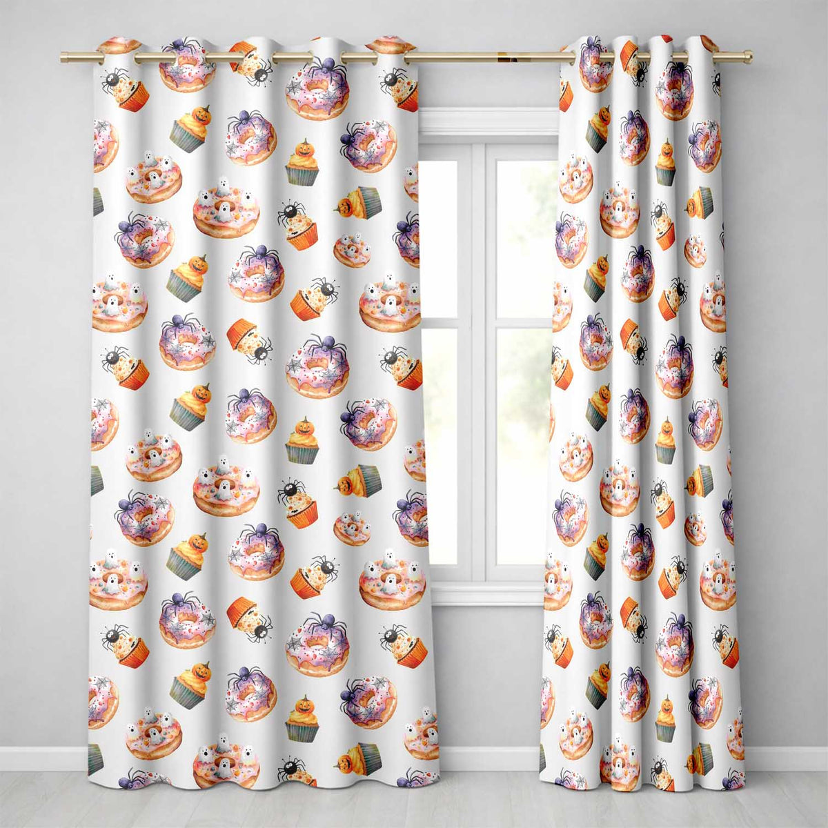 Halloween Donuts Cupcakes Spiders and Ghosts Light Background Readymade Eyelet Ring Top Thermal 100% Blackout Curtains