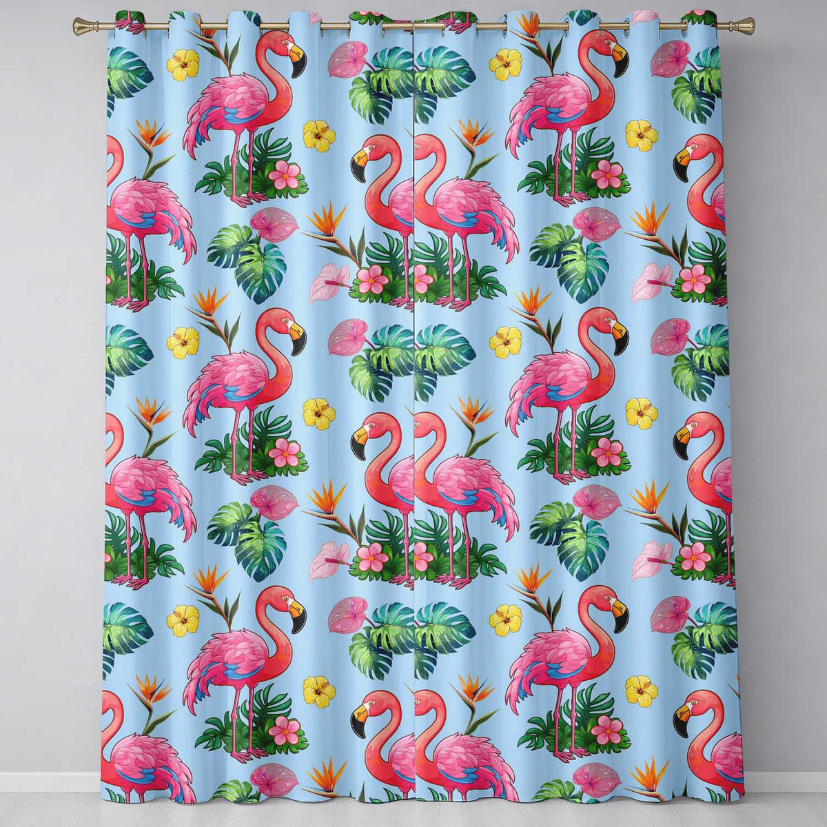 Tropical Flamingo with Hibiscus Flowers and Leaves Blue Background Readymade Eyelet Ring Top Thermal 100% Blackout Curtains