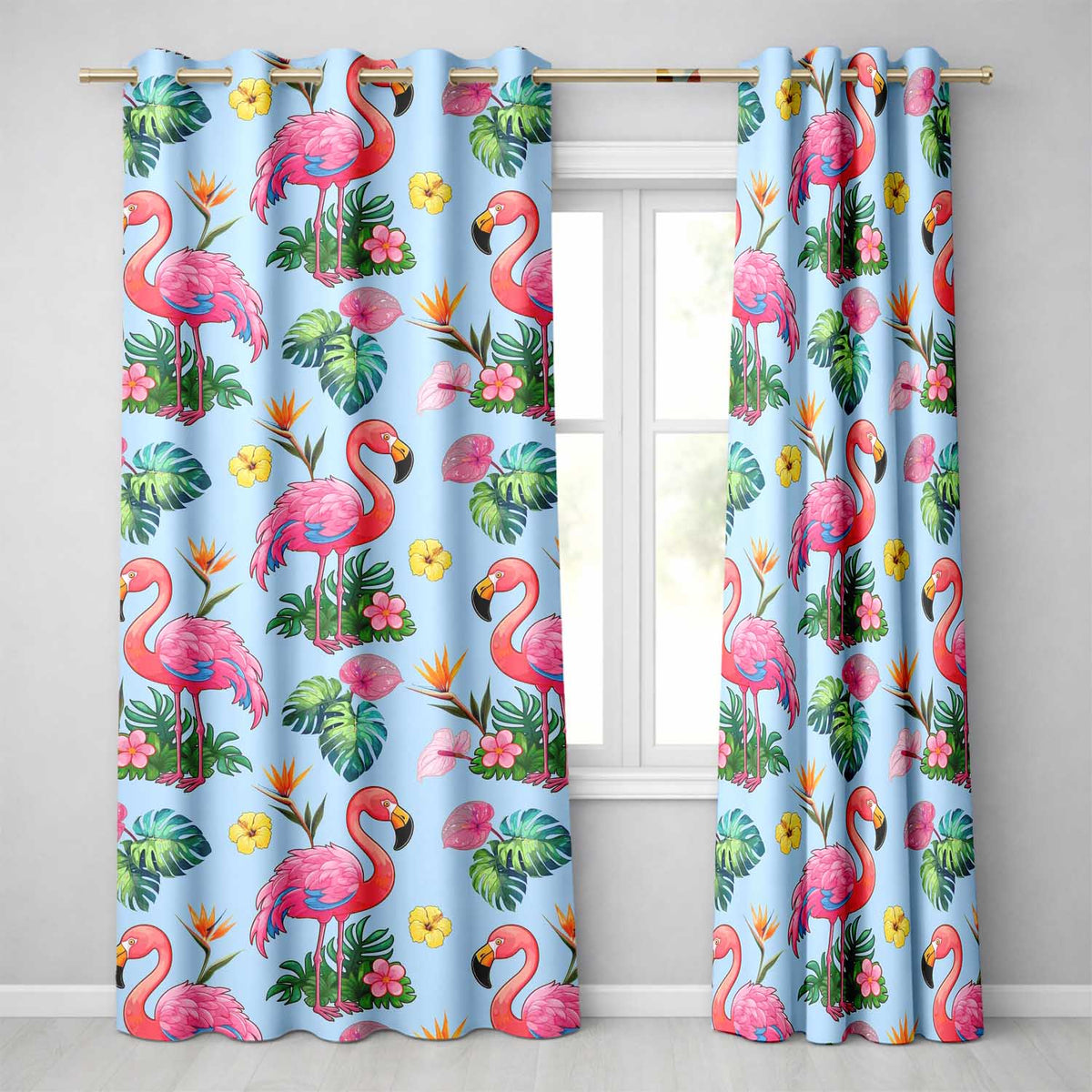 Tropical Flamingo with Hibiscus Flowers and Leaves Blue Background Readymade Eyelet Ring Top Thermal 100% Blackout Curtains